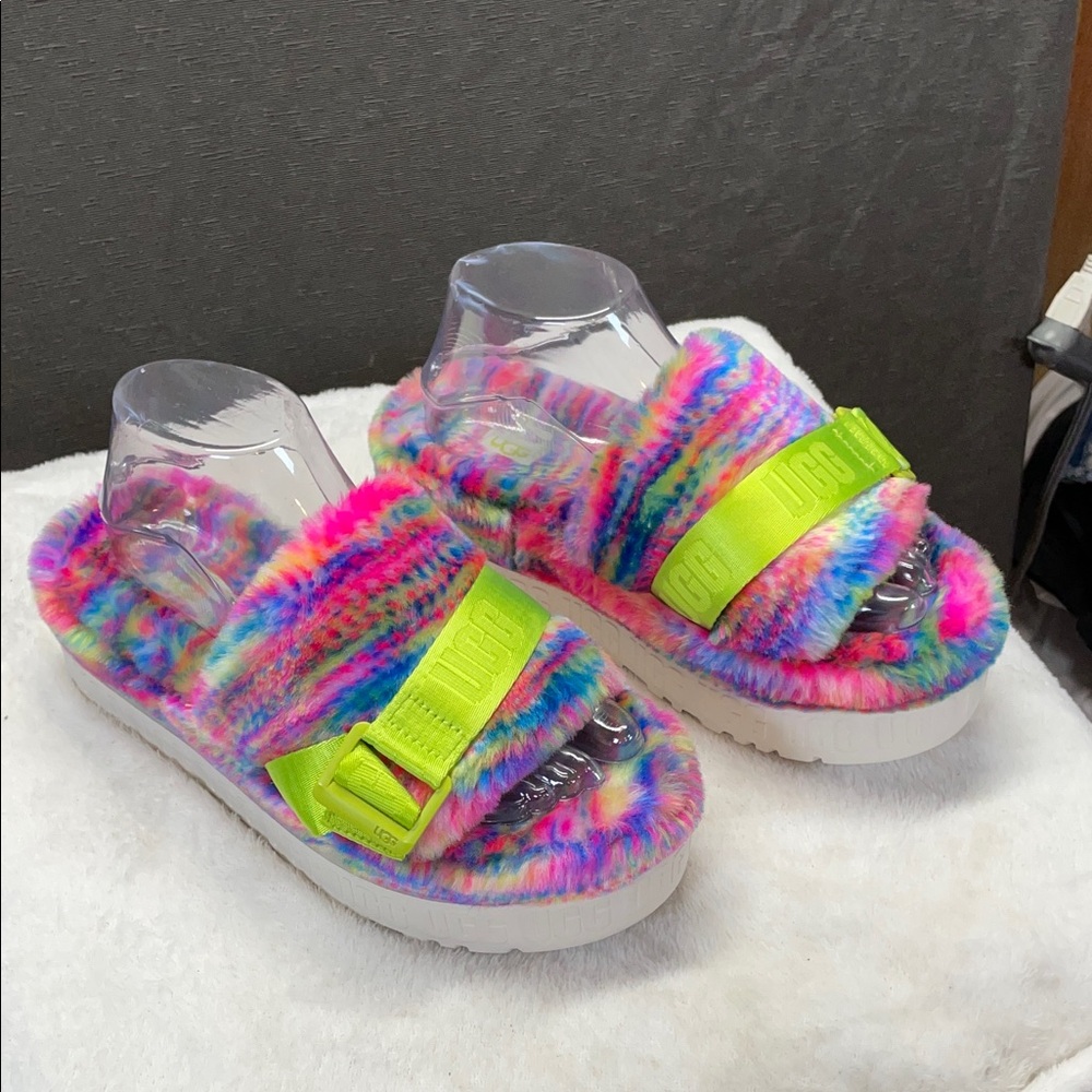 UGG Pink and Green Fluffita in Pixelate Platform Sandals with Fuzzy Upper